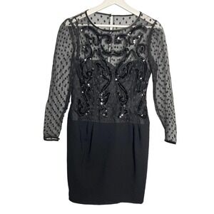 Mortan Myles Long Sleeve Polka Mesh Sequin Vintage Dress Black Women's Size 8
